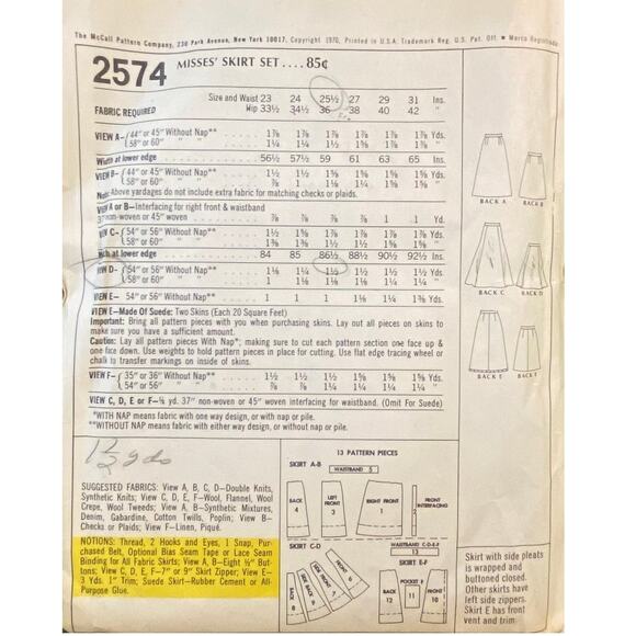 Vtg McCalls 2574 Skirt Pattern Miss 25.5 Waist 1970 Variation Long Short Flare - Picture 5 of 6